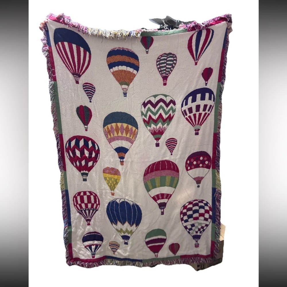 Vintage Hot Air Balloon Tapestry Bed Throw Blanket Reversible Woven Fringed